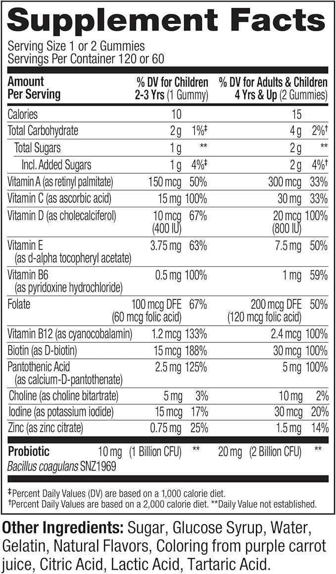 OLLY Kids Multivitamin & Probiotic Gummy,Digestive Support,Vitamins A,D,C,E,B,Zinc,Chewable Supplement,Berry Flavor,60 Day Supply -,120 Count (Pack of 2)