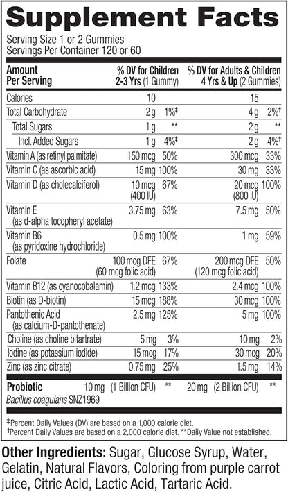 OLLY Kids Multivitamin & Probiotic Gummy,Digestive Support,Vitamins A,D,C,E,B,Zinc,Chewable Supplement,Berry Flavor,60 Day Supply -,120 Count (Pack of 2)