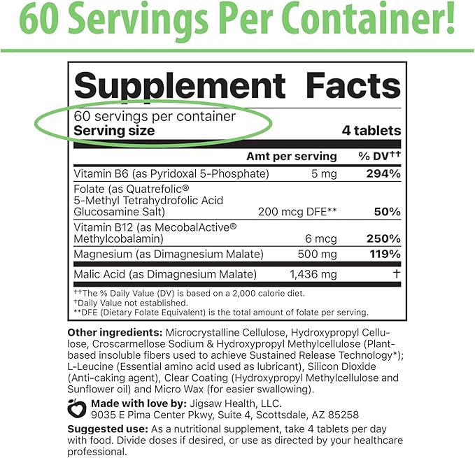 Jigsaw Health MagSRT | Magnesium Supplement with Vitamin B6, Folate & B12 | 240 Tablets | 60 Servings