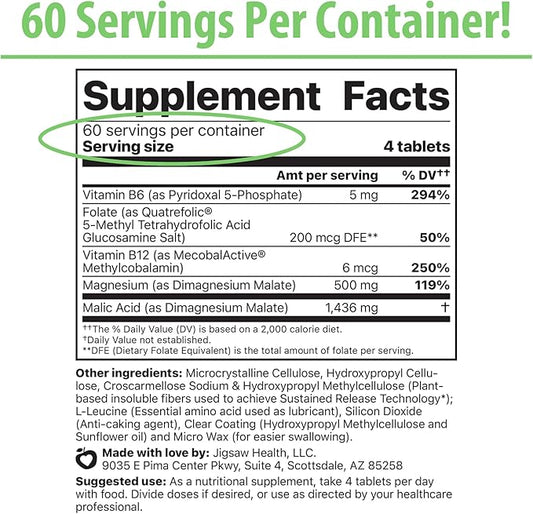 Jigsaw Health MagSRT | Magnesium Supplement with Vitamin B6, Folate & B12 | 240 Tablets | 60 Servings