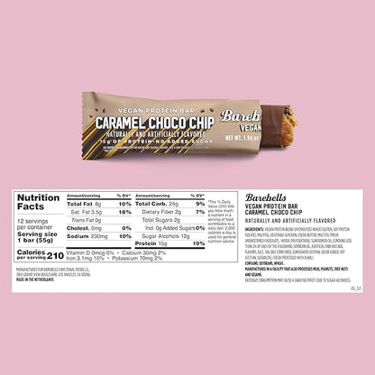 Barebells Vegan Protein Bars Caramel Choco Chip, Plant Based with High Protein - Chocolate Protein Bars - Perfect on The Go Protein Snack & Breakfast Bars 12 Count (Pack of 1)