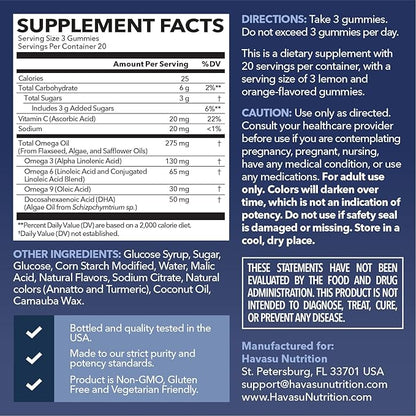 Omega 3 6 9 + DHA Gummies for Adults - Plant-Based Fish Oil Alternative with Chia Seed Oil and Algae - Support Brain and Immune Function - Lemon and Orange Flavors - Vegetarian Friendly - 60 Count
