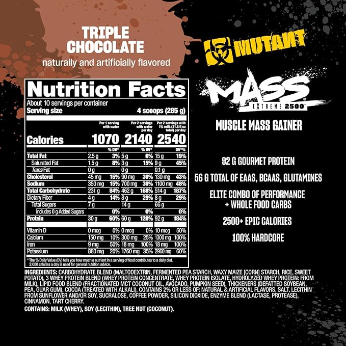 Mutant Mass Extreme 2500 - High Calorie Mass Gainer Whey Protein Powder with Whole Food Carbs - Muscle Building & Weight Gain Supplement for Extreme Hard Gainers - Triple Chocolate 6 lbs