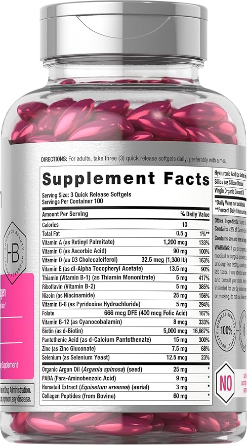 Horbäach Hair Skin and Nails Vitamins | 300 Softgels | with Biotin and Collagen | Infused with Argan Oil and Coconut Oil | Non-GMO, Gluten Free Supplement