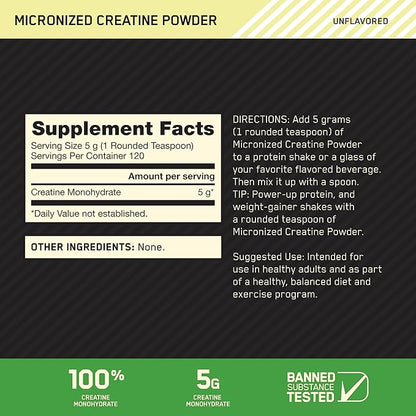Optimum Nutrition Micronized Creatine Monohydrate Powder, Unflavored, 120 Servings, 600 Grams (Packaging May Vary) (Pack of 2)