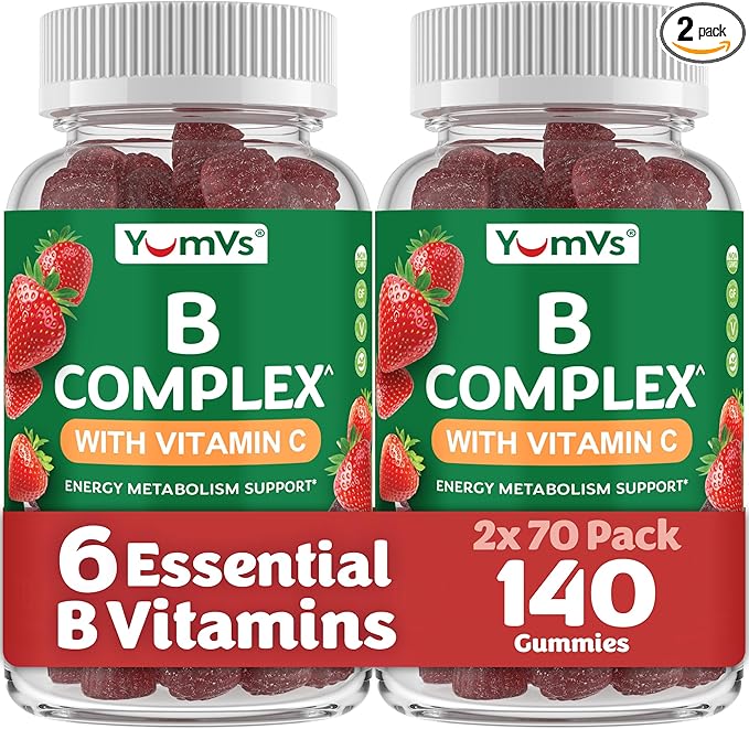 B Complex Gummies with Vitamin C – Great Tasting 1 a Day Energy & Nervous System Support for Adults – Vegan, Kosher, Non-GMO Vitamin B Complex Gummies with B12, B6, & Folic Acid – 70 Count (2 Pack)