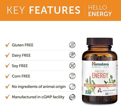 Himalaya Hello Energy Herbal Supplement with Ashwagandha, Amla, Haritaki, Daily Energy Support, Positivity, Metabolism, Caffeine Free, Gluten Free, Non-GMO, Vegan, 60 Capsules, 30 Day Supply