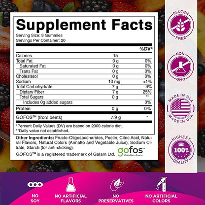 Vitamatic Prebiotic Fiber Gummies for Digestive Health & Regularity, Extra Strength, 7g Fiber per Serving, Zero Sugar Added, Made in USA, 60 Count (2 Pack)
