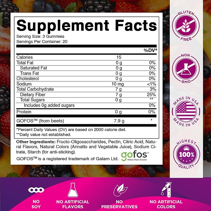 Vitamatic Prebiotic Fiber Gummies for Adults – 7g Fiber per Serving – 60 Pectin-Based Gummies Extra Strength, Zero Sugar Added – Supports Digestive Health & Regularity – Non-GMO, Vegan, Gluten-Free