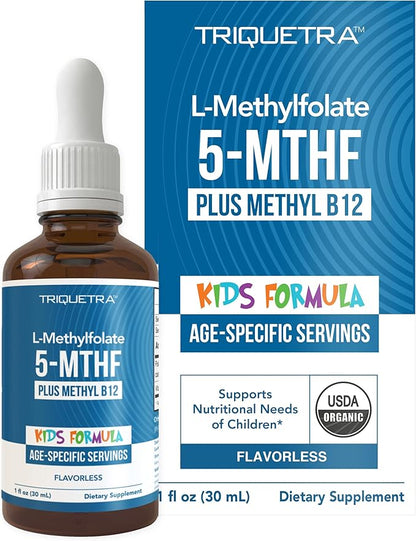 Organic Kids Methylfolate + Methyl B12 Cofactor - Flavorless, Sublingual Form - 5-MTHF Form, Superior Form of Folate - Adjustable Dosing for All Ages - Mood, Behavior, Cognition - 1 oz.