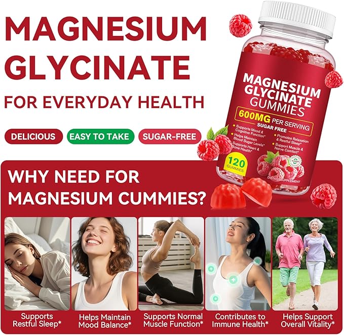 Magnesium Glycinate Gummies (Raspberry) 600mg, Sugar Free with Magnesium L-Threonate, Calcium, Potassium, Vitamin D3, B6 & CoQ10, High Absorption Support for Relaxation,Muscles & Energy, 120 Count