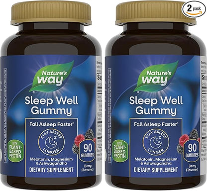 Nature's Way Sleep Well Melatonin and Magnesium Gummies,Sleep Support for Adults*,with Ashwagandha,Berry Flavored,90 Gummies,(Pack of 2)