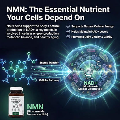 PRISTINE'S Longevity Complete Anti Aging NMN Complex - Advanced Cellular Support - NMN 500mg, Berberine 500mg, Resveratrol 250mg, Healthy Aging, Autophagy & NAD+ Support - Glass Bottle