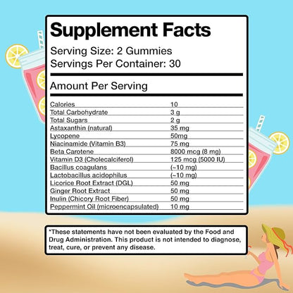 UVBites - Tanning Gummies - Self Tan Supplement - Tanning Pill - Fast Acting & Debloating Melanin Supplement with Beta Carotene, Astaxanthin, Niacinamide - Glow Up Skin (60 Count, Pink Lemonade)