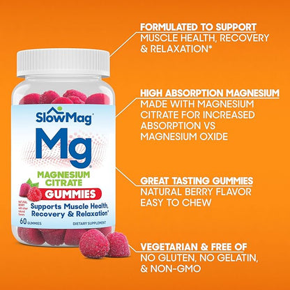 SlowMag Magnesium Citrate Gummies, 60 Count, Supports Muscle Health, Natural Berry Flavor, Recovery & Relaxation