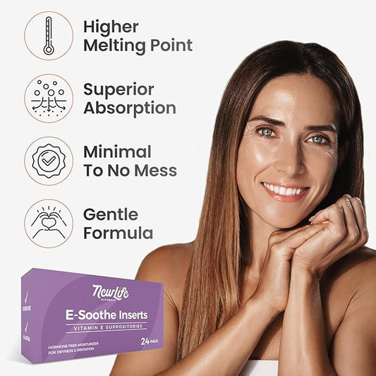 NewLife Naturals Vitamin E Vaginal Suppositories 38IU ESoothe - Moisture & Hydration Support - All Natural Estrogen Free Feminine Care - 24 Inserts
