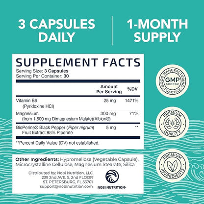Magnesium Malate 1500MG | Energy & Nervous System Support | 300MG Elemental Mag Per Serving | High Absorption Magnesium Malate Capsules with VIT B6 + Black Pepper | Non-GMO | 90 Ct (1 Month Supply)