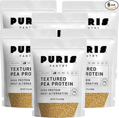 PURIS Pantry Textured Pea Protein, Unflavored Meatless Vegetable Crumbles, Soy Free, Gluten Free, 21g of Protein, Plant-Based Vegan Meat Substitute, Equivalent to 1.5 Pounds Ground Beef | 6 Pack