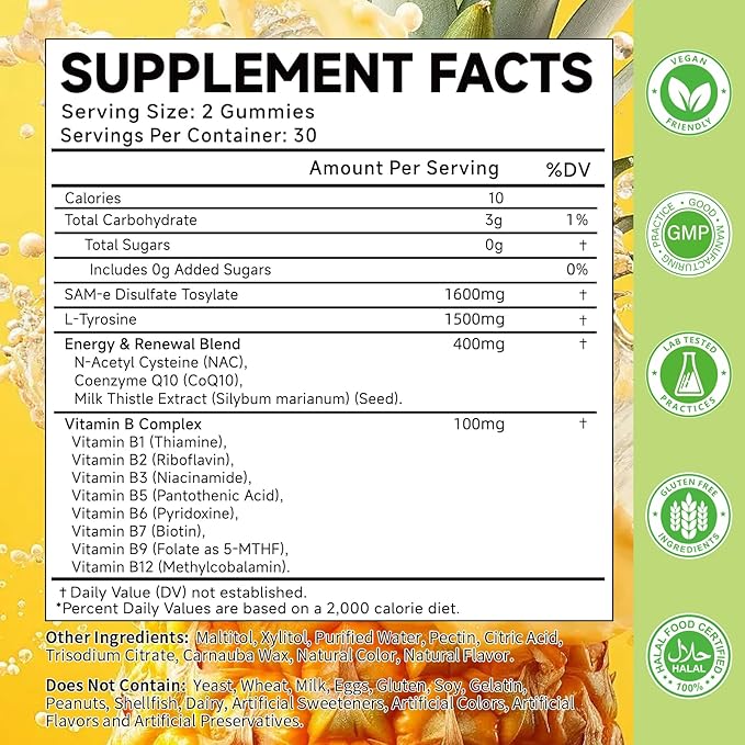 SAM-e L-Tyrosine Gummies with NAC, CoQ10 & Vitamin B Complex, 1600mg SAM-e, 1500mg L-Tyrosine Supplement for Energy, Cellular Antioxidant Support, Emotional Well-Being Support, 120 Count