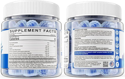 Organic Blue Spirulina Gummies, High Phycocyanin from Nutrient-Rich Blue-Green Algae for Antioxidants, Cellular Energy & Cleanse, Superfood w/Chlorella, CoQ10 & VC,Taurine,Green Tea, Sugar Free, 120Ct