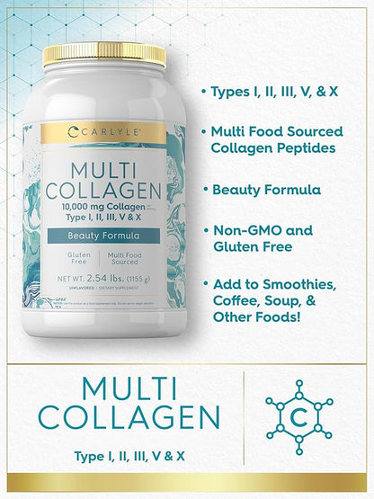 Carlyle Multi Collagen Peptides Powder 40 oz | Type I, II, III, V, X | Supplement Blend with Protein | Multi Food Sourced | Non-GMO, Gluten Free