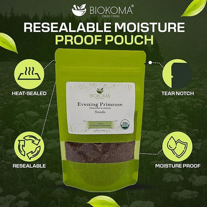 Biokoma Organic Evening Primrose Seeds 100g 3.55oz USDA Organic Oenothera Biennis GLA Omega-3 Hormonal Balance Skin Health Resealable Moisture Proof Pouch Herbal Tea No GMO No Preservatives Kosher