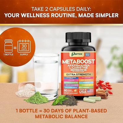 GLP-1 Booster Supplement, Akkermansia, L-Carnitine, Berberine (GlucoVantage), Methylfolate, Methylated B12, Chromium, Capsimax, Psyllium Husk, Probiotics Vitamins D3, B6, 20-in-1 Plant-Based (2 Pack)