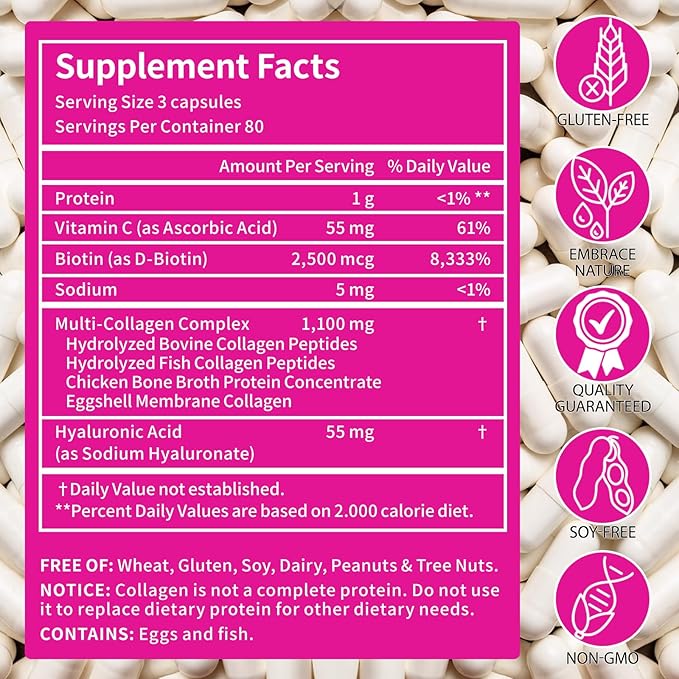 2 Pack Multi Collagen Peptides Capsules with Biotin, Vitamin C & Hyaluronic Acid – Contains extracts Such as Eggs and Fish！！！