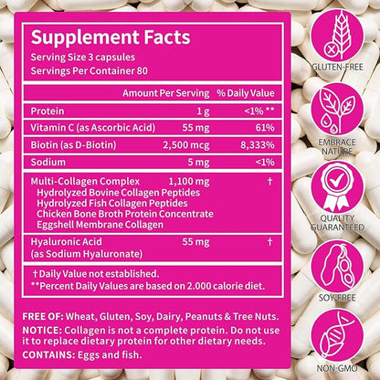 2 Pack Multi Collagen Peptides Capsules with Biotin, Vitamin C & Hyaluronic Acid – Contains extracts Such as Eggs and Fish！！！