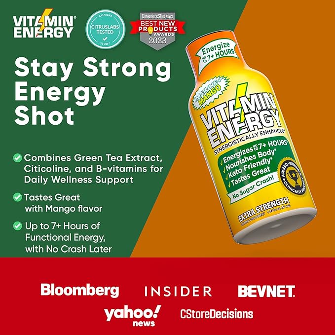 Vitamin Energy Immune+ Extra Strength Energy Shot Mango 24 Pack, 260mg Natural Caffeine, B-Vitamins, Citicoline, Green Tea, Immunity & Focus Support, Zero Sugar, Gluten-Free 1.93 fl oz