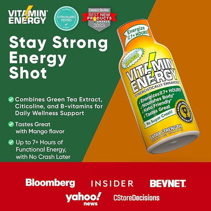 Vitamin Energy Immune+ Extra Strength Energy Shot Mango 24 Pack, 260mg Natural Caffeine, B-Vitamins, Citicoline, Green Tea, Immunity & Focus Support, Zero Sugar, Gluten-Free 1.93 fl oz