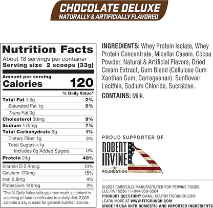 FITCRUNCH Tri-Blend Whey Protein, Keto Friendly, Low Calories, High Protein, Gluten Free, Soy Free (18 Servings, Chocolate Deluxe)