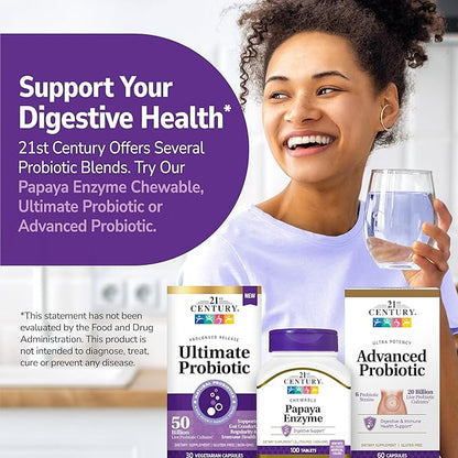 21st Century Papaya Enzyme Chewable (100 Count), Papaya & Pineapple Digestive Enzymes for Gut Health, Tropical Flavor, Non-GMO, Gluten-Free, No Added Salt, Artificial Flavors