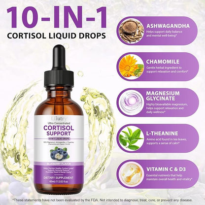 Cortisol Supplements for Women and Men with Magnesium, Ashwagandha, L-Theanine, 10 in 1 Cortisol Detox Manager Reducer, Hormone Balance Liquid Drops - Mood, Focus, Sleep - Blueberry Flavor(2.02 fl.oz)