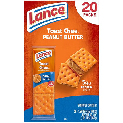 Lance Sandwich Crackers, ToastChee Peanut Butter, 20 Individually Wrapped Packs, 6 Sandwiches Each (Pack of 2)