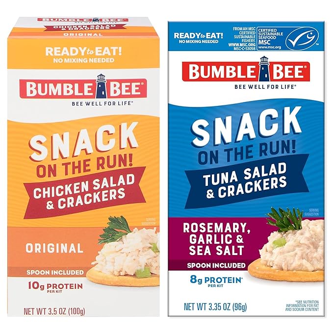 Bumble Bee Snack on the Run Duo (2 Total Kits) - Classic Chicken Salad and Rosemary Garlic & Sea Salt Tuna Salad with Crackers - Ready to Eat Protein Snacks
