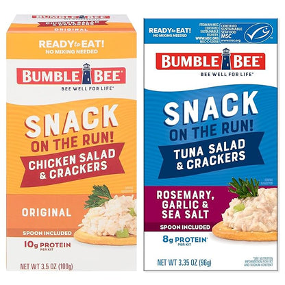 Bumble Bee Snack on the Run Duo (2 Total Kits) - Classic Chicken Salad and Rosemary Garlic & Sea Salt Tuna Salad with Crackers - Ready to Eat Protein Snacks
