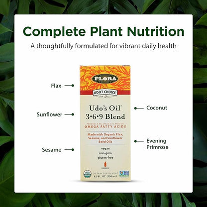 Flora - Udo's Choice Omega 369 Oil Blend, Made with Organic Flax, Sesame & Sunflower Seed Oils, Plant-Based Vegan Omega Fatty Acids, Based on Ideal 2:1:1 Ratio, 8.5-fl. oz. Glass Bottle