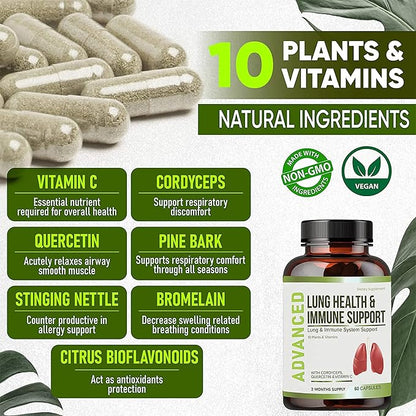 Lung Health & Immune Support Supplement - Lung Cleanse and Detox With Immunity Vitamins For Better Lungs, Immune Defense, Clear Lungs & Deep Breathing Including Quercetin & Cordyceps.Two Months Supply