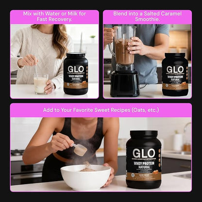GLO Health Foods Cold-Processed Whey Protein - Salted Caramel Flavor - 24g Protein per Serving - Whey with Digestive Enzymes & BCAAs - Supports Muscle Growth, Strength & Recovery - 2 LB (28 Servings)