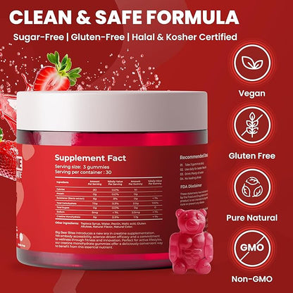 Creatine Monohydrate Gummies for Men & Women | 5000mg of Creatine Gummies per Serving | Sugar, Gluten Free & Halal | Pack of 90 for Pre Workout & Muscle Recovery | Strawberry Flavor