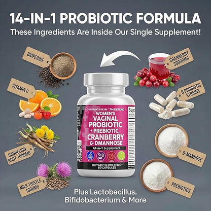 Clean Nutraceuticals Vaginal Probiotics for Women with Cranberry, D-Mannose, Prebiotics, pH Balance Support, Feminine Health, Urinary Tract Cleanse – Capsule Alternative to Gummies – 60 Count