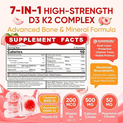 Vitamin D3 K2 Filled Gummies 5000IU / 10,000 IU with 500mg Calcium + K2(MK-7) 200mcg, Magnesium, Vitamin C & Zinc, Extra Strength - Ultimate Absorbency for Bones Muscles Teeth, Vegan -- Pack of 2