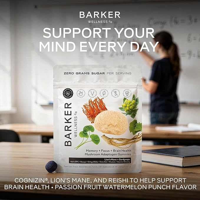 Barker Wellness Mushroom Adaptogen Gummies for Memory & Focus, Brain Health Supplement with Lion's Mane, Cordyceps, Cognizin, Nootropics, Vegan, Sugar-Free Passion Fruit Watermelon Flavor- 60 Count