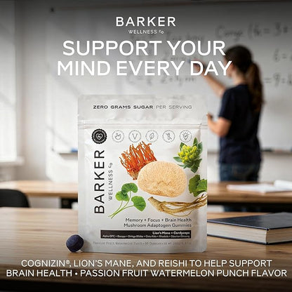 Barker Wellness Mushroom Adaptogen Gummies for Memory & Focus, Brain Health Supplement with Lion's Mane, Cordyceps, Cognizin, Nootropics, Vegan, Sugar-Free Passion Fruit Watermelon Flavor- 60 Count