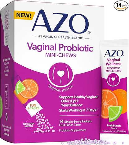 AZO Vaginal Probiotic Mini-Chews for Women, Supports Healthy Vaginal Odor, Healthy Vaginal Flora, Yeast Balance and pH*, Delicious Fruit Punch Taste, 14 Count