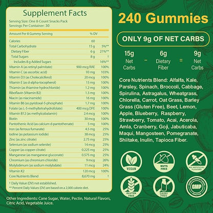 Greens Daily Gummies, Superfood Fruits and Veggies Blend with Spirulina, Chlorella, Prebiotics & Fiber, Adaptogens Multivitamin Supplement for Women & Men Digestive Health, Non-GMO, 240 Count