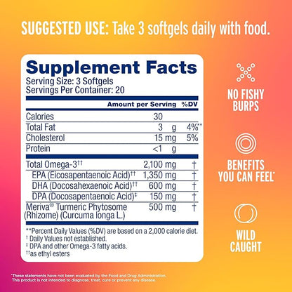 Oceanblue 2100 Triple Strength Omega-3 Fish Oil with Turmeric | Burpless Omega 3 Combo Supplement with Curcumin EPA DHA DPA| Heart and Joint Support | 60 Softgels