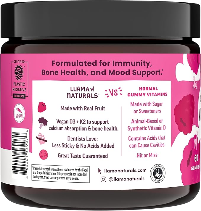 Llama Naturals Vitamin D3 K2 Gummies for Adults and Kids, Vegan, Organic, Vitamin D Gummies, Real Fruit Gummy Vitamins, No Added Sugar Cane, Raspberry, 120 Ct