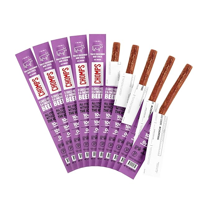 Chomps Grass-Fed and Finished Taco Beef Jerky Snack Sticks 10-Pack - Keto, Paleo, Whole30, 10g Lean Meat Protein, Gluten-Free, Zero Sugar Food, Non-GMO